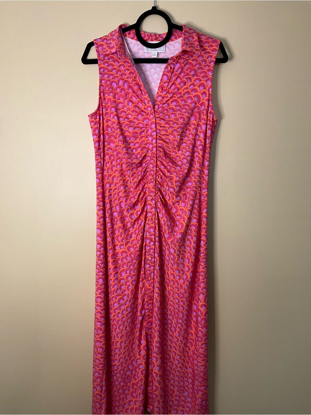 Flora Bea NYC sleeveless Pink Patterned Midi Dress with Front Ruched Detail